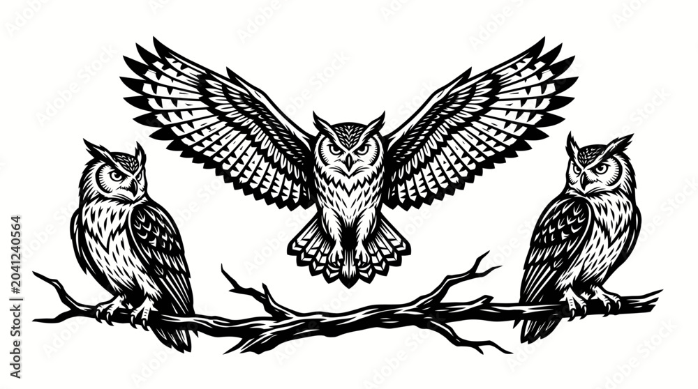 Obraz premium Detailed vintage vector illustration of three majestic owls, one soaring with widespread wings and two thoughtfully perched on a sturdy branch, captured in a classic woodcut style