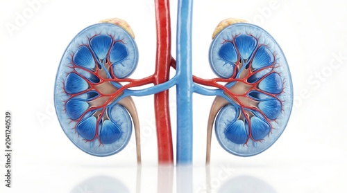 Anatomical illustration of healthy human kidneys with vibrant blue and red vascular structures on a white background