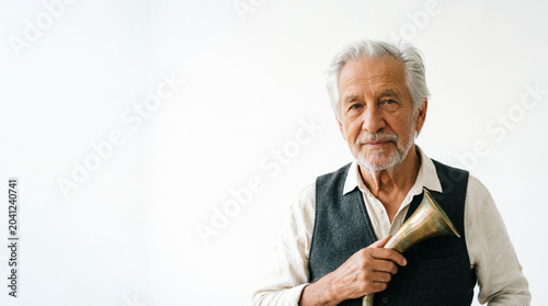 Senior musician portrait in high key studio lighting with antique wind instrument and friendly expression (copy space)