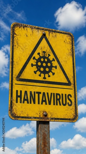 Warning sign highlighting hantavirus health risk against clear sky background. Public health, infectious disease awareness and outbreak prevention concept.
