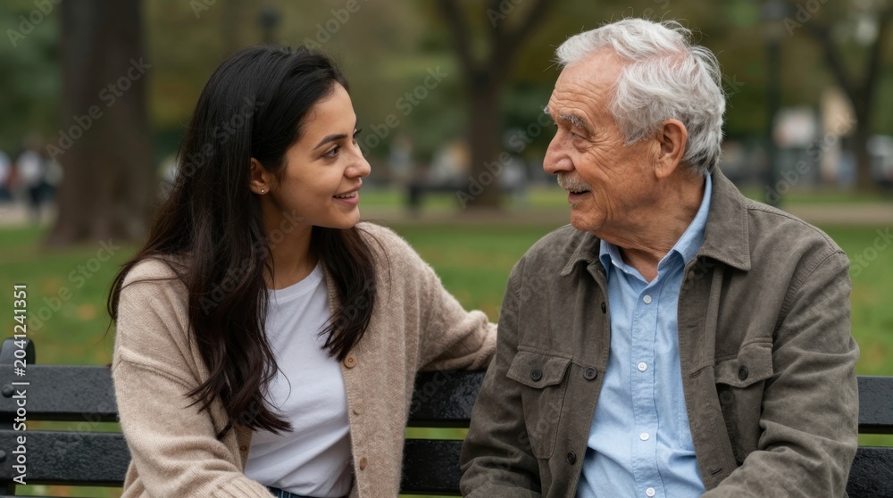 Fototapeta premium Young woman conversing with older man on park bench