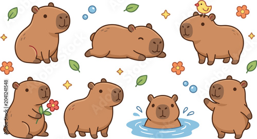 Billede på lærred Vector illustration of cute capybaras in playful poses with flowers, birds, and