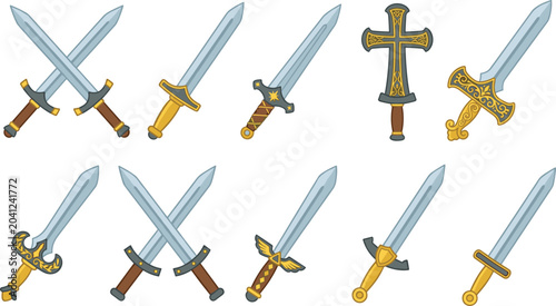 Cuadro en lienzo Vector illustration of ornate swords with unique hilts and blades representing f