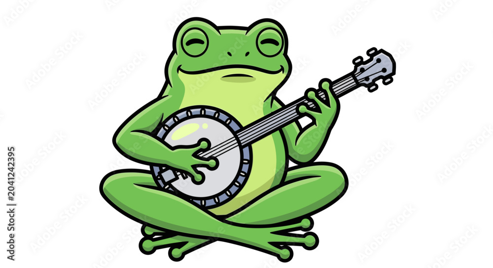 Obraz premium Green frog playing banjo, cartoon illustration, music concept