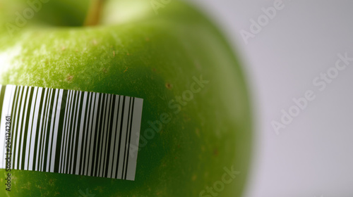 Green apple, barcode label, skin texture, macro shot, organic fruit, fresh produce