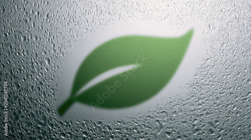 Green leaf silhouette frosted glass water droplet condensation blurred background sustainability eco friendly clean energy environmental abstract concept