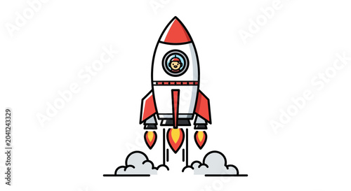 Tableau sur toile Cartoon rocket launching into space with smoke clouds, astronaut waving