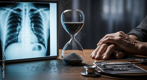 Medical diagnosis of asbestos related diseases and lung cancer featuring chest Xray stethoscope and hourglass symbolizing life expectancy and respiratory health