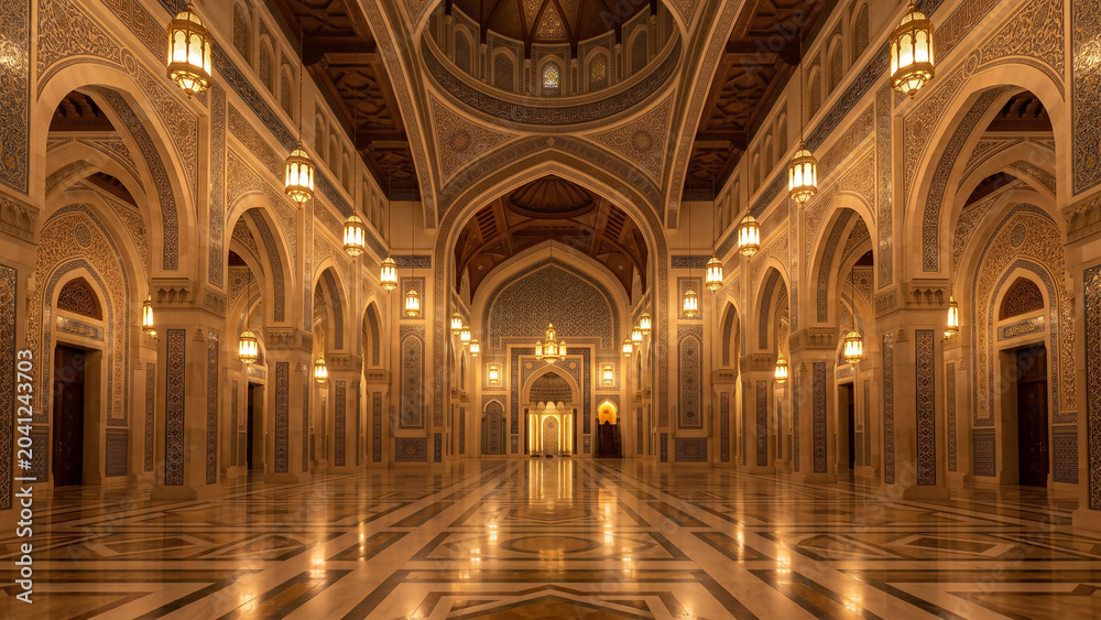 Fototapeta premium Majestic Islamic hall with endless rows of elegant arches, warm golden lighting, and reflective flooring creating a luxurious architectural masterpiece without people.