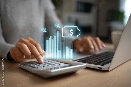 Financial Growth and Investment Analysis with Calculator and Laptop.