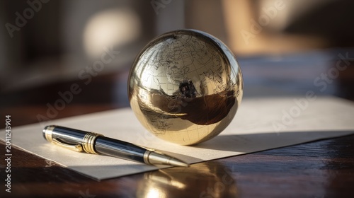 Golden Sphere and Pen on Paper Symbolizing Business and Success.
