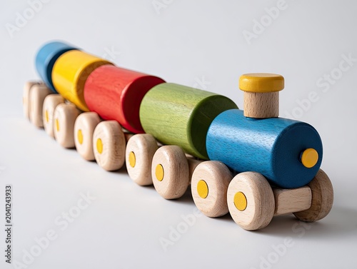 Colorful Wooden Toy Train with Multiple Cars on a White Background.
