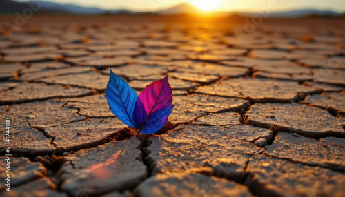 Vibrant blue and purple leaf growing from cracked dry soil at sunset, symbolizing hope and resilience in harsh conditions