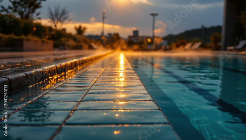 Swimming pool sunset water reflection outdoor tiles evening relaxation leisure calm blue wet surface sunlight tranquil vacation resort luxury