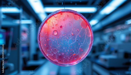 Glowing petri dish with red and blue liquid suspended in laboratory setting, showing bubbles and fluid patterns with scientific atmosphere
