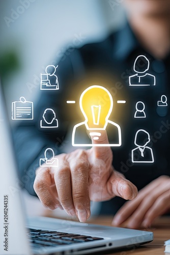 Business professional touching a lightbulb icon representing innovation and ideas.