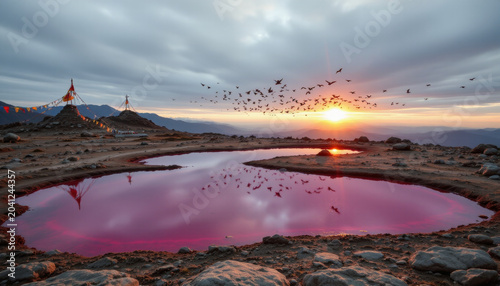 High altitude plateau with reflective pink water pool at sunset, birds flying in cloudy sky creating peaceful atmosphere