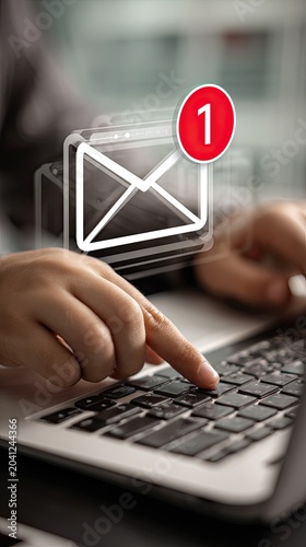 Person Using Laptop with Email Notification Icon Showing One New Message.