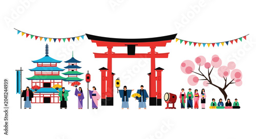 Photography Japanese Festival Scene with Torii Gate and Pagoda