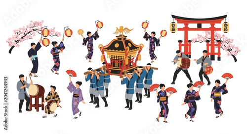 Photography Japanese Festival Parade with Torii Gate, Mikoshi, and Dancers