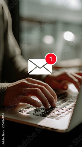 Person typing on laptop with email notification icon.