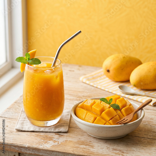 A glass of fresh mango fruit juice high in vitamins on a yellow background