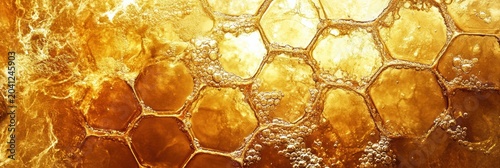 Golden honeycomb structure revealing sweet nectar with bubbles shining brightly under light