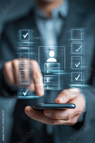 Businessman using smartphone with digital checklist and profile icon.