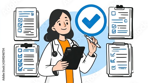 Doctor with Clipboard and Checkmarks Illustrating Medical Checkup and Health Records.