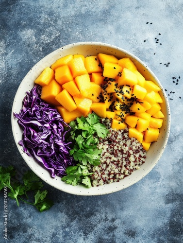 Fresh quinoa bowl with mango, red cabbage, and cilantro on a textured blue backdrop