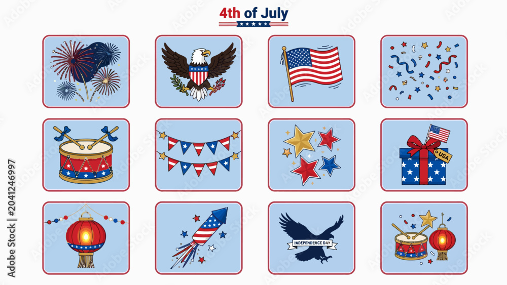 Fototapeta premium American Independence Day vector icon sheet, full color
