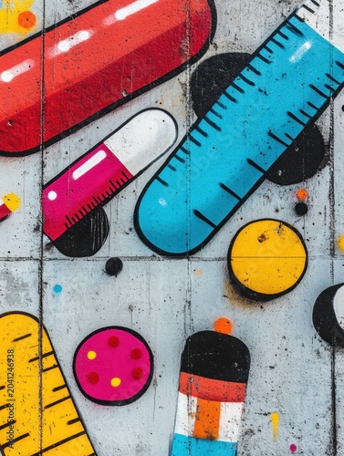 Colorful street art featuring various school supplies on a concrete wall in an urban setting