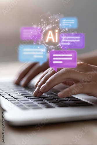 Hands typing on laptop with AI chat bubbles emerging.