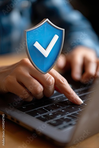 Cybersecurity Shield Icon Over Person Typing on Laptop Keyboard.