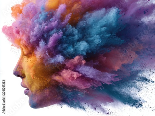 Mental health awareness and emotional wellbeing showing a profile of a woman's covered in a colorful powder explosion on a white background.