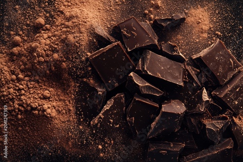 Chunks of dark chocolate and cocoa powder arranged on a dark surface highlighting the rich texture and color of chocolate ingredients