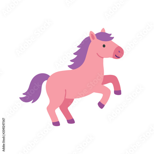 Cute Pink Pony Horse Trotting Vector, Flat Cartoon Animal Character Clipart for Girls Room