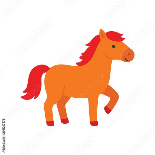 Cute Orange Pony Horse Standing Vector, Flat Cartoon Animal Character Clipart for Children Poster