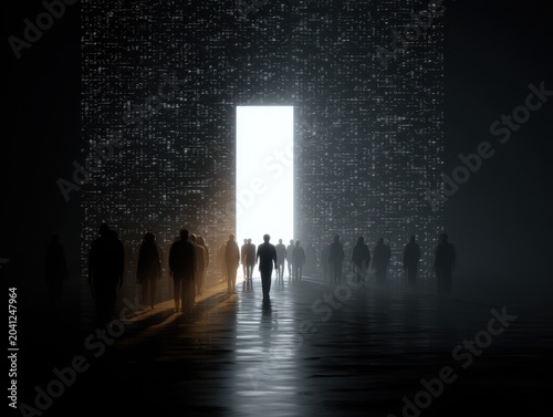The future of work and digital transformation showing a crowd of people walking towards a bright light emanating from a digital portal in the dark.