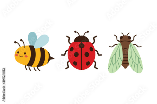 Cute Garden Insects Clipart Set, Flat Vector Collection of Bee, Ladybug, and Cicada Fly for Kids