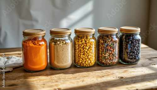 Row of glass jars filled with colorful spices and beans on wooden table in natural light creating warm and cozy atmosphere