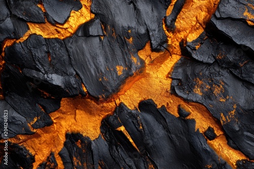 Lava flow revealing glowing orange magma through dark volcanic rock during a silent eruption in a remote location