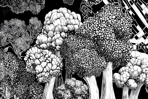 Vibrant black and white illustration showcasing detailed trees and foliage with a unique graphic design in the background