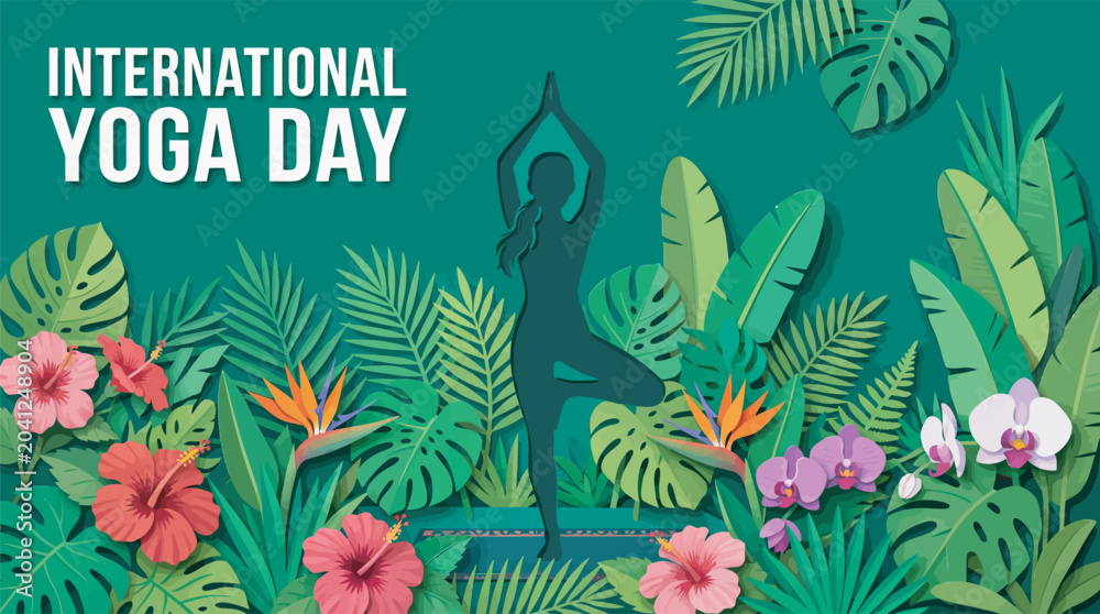 Obraz premium International yoga day illustration with tropical leaves and flowers