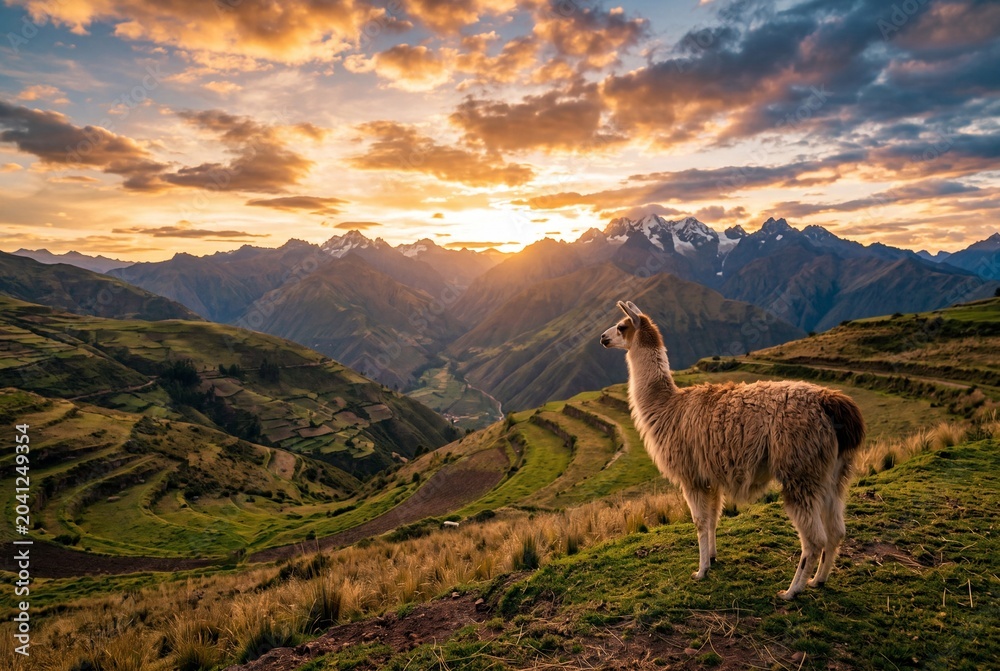 Obraz premium Llama Standing on Mountain Terrace at Sunset in Andes
