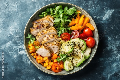 Grilled chicken with mixed vegetables served in a bowl on dark textured background