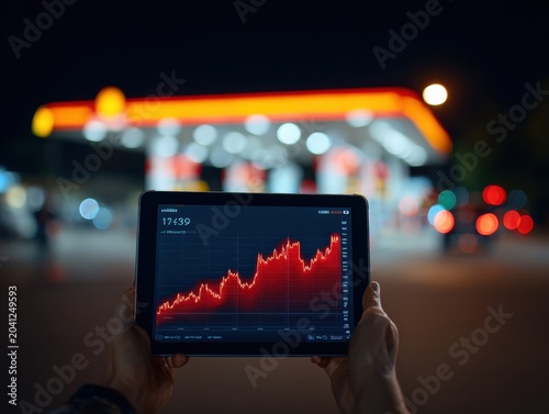 Energy market volatility and inflation A person holds a tablet displaying a falling gas prices chart in front of a brightly lit gas station at night symbolizing economic downturn recession fears.