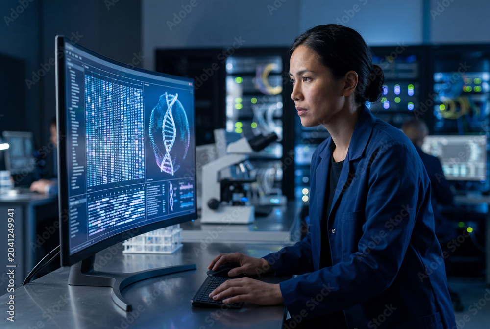 Fototapeta premium Bioinformatician analyzing DNA sequence data on computer monitor in lab