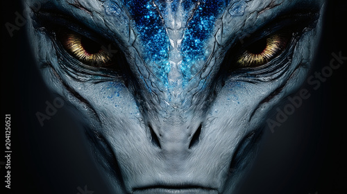 Intense Close-Up Portrait of Blue Starry Alien Being