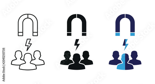 Concept of business magnet attracting new customers and engaged audience, illustrating lead generation and recruitment strategy icon set